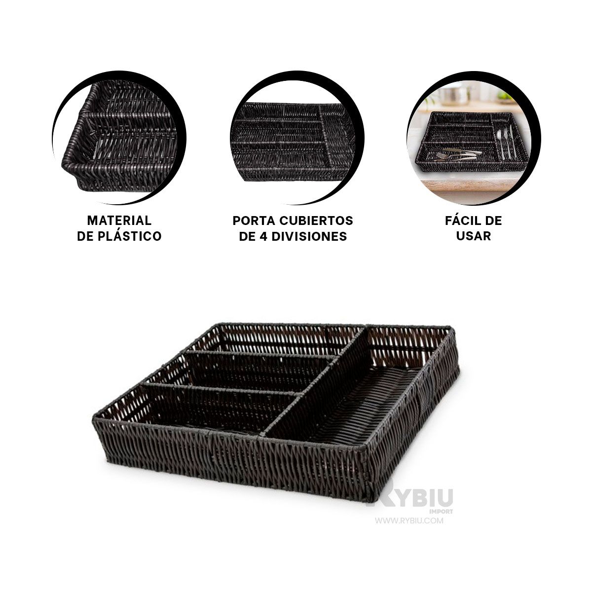 GENERICO - Porta Cubiertos de Plastico con 4 divisiones en Color Negro