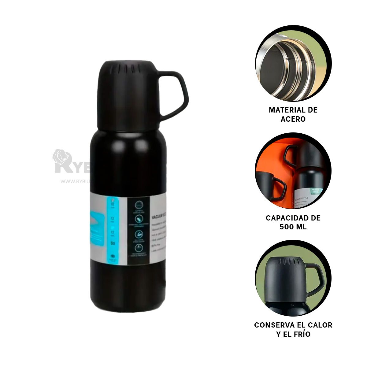 GENERICO - Bidon Cilindrico 3 Tazas en Negro 500ml Y+Gift MiniAgenda