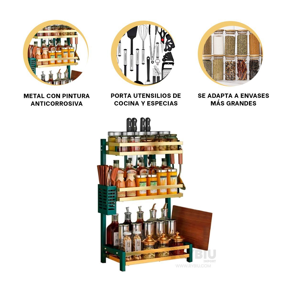 RYBIU IMPORT - Estante Condimentero para Cocina en Verde Y+Gift Stickers