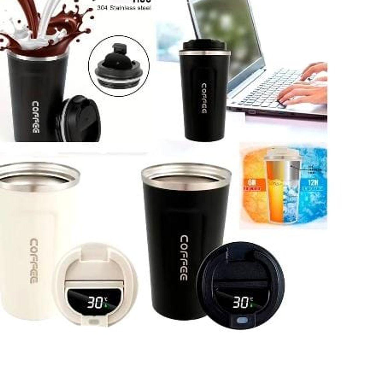 GENERICO - 1 VASO TERMO INTELIGENTE CON SENSOR DE TEMPERATURA NEGRO