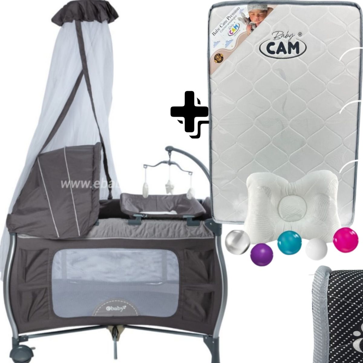 EBABY - CUNA CORRAL NAPY CON MECEDORA Y CAMBIADOR GRIS + COLCHON CAM