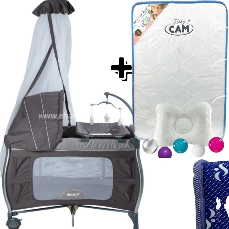 EBABY - CUNA CORRAL NAPY CON MECEDORA Y CAMBIADOR GRIS + COLCHON CAM