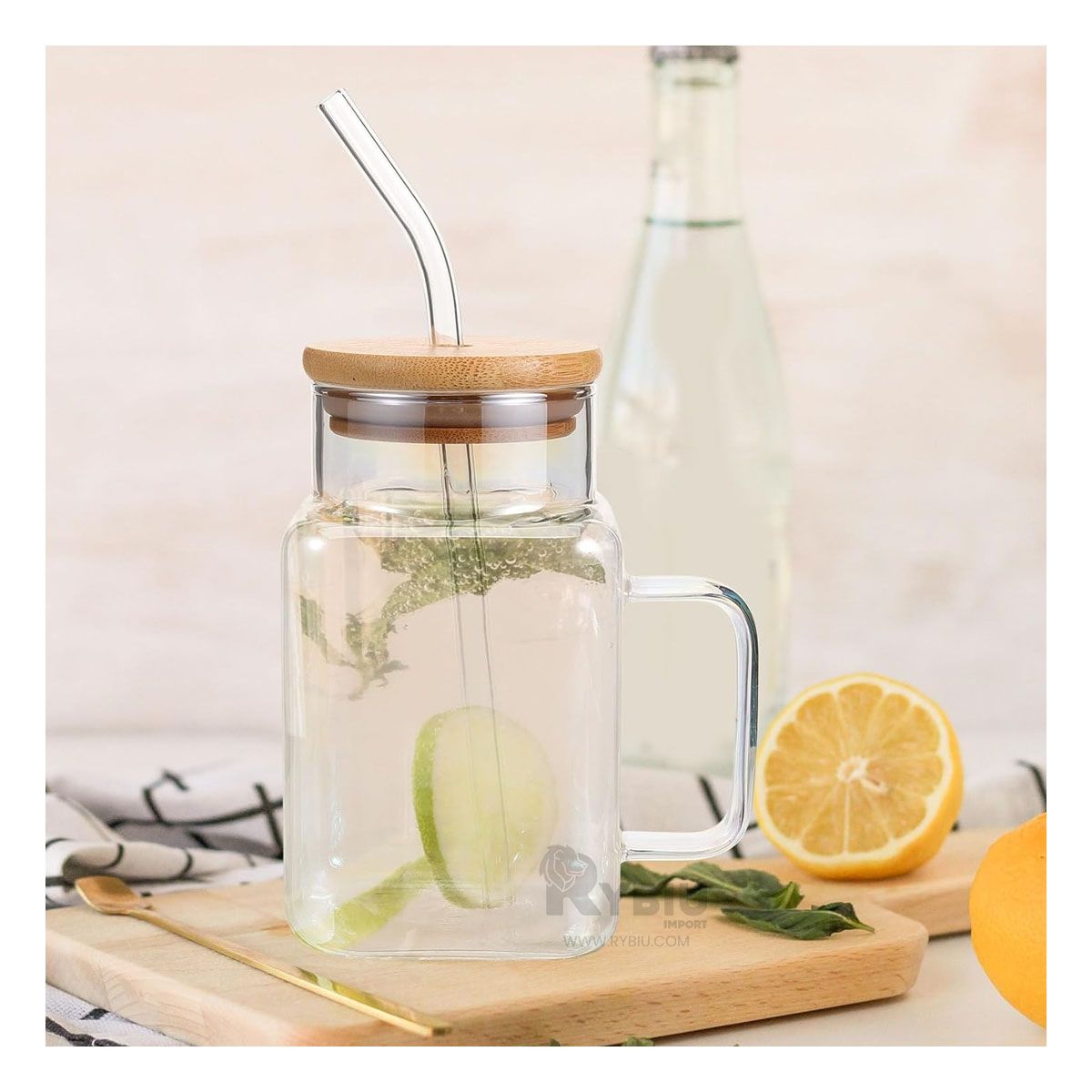 GENERICO - Vaso Rectangular con Tapa y Popote 500ml Transparente