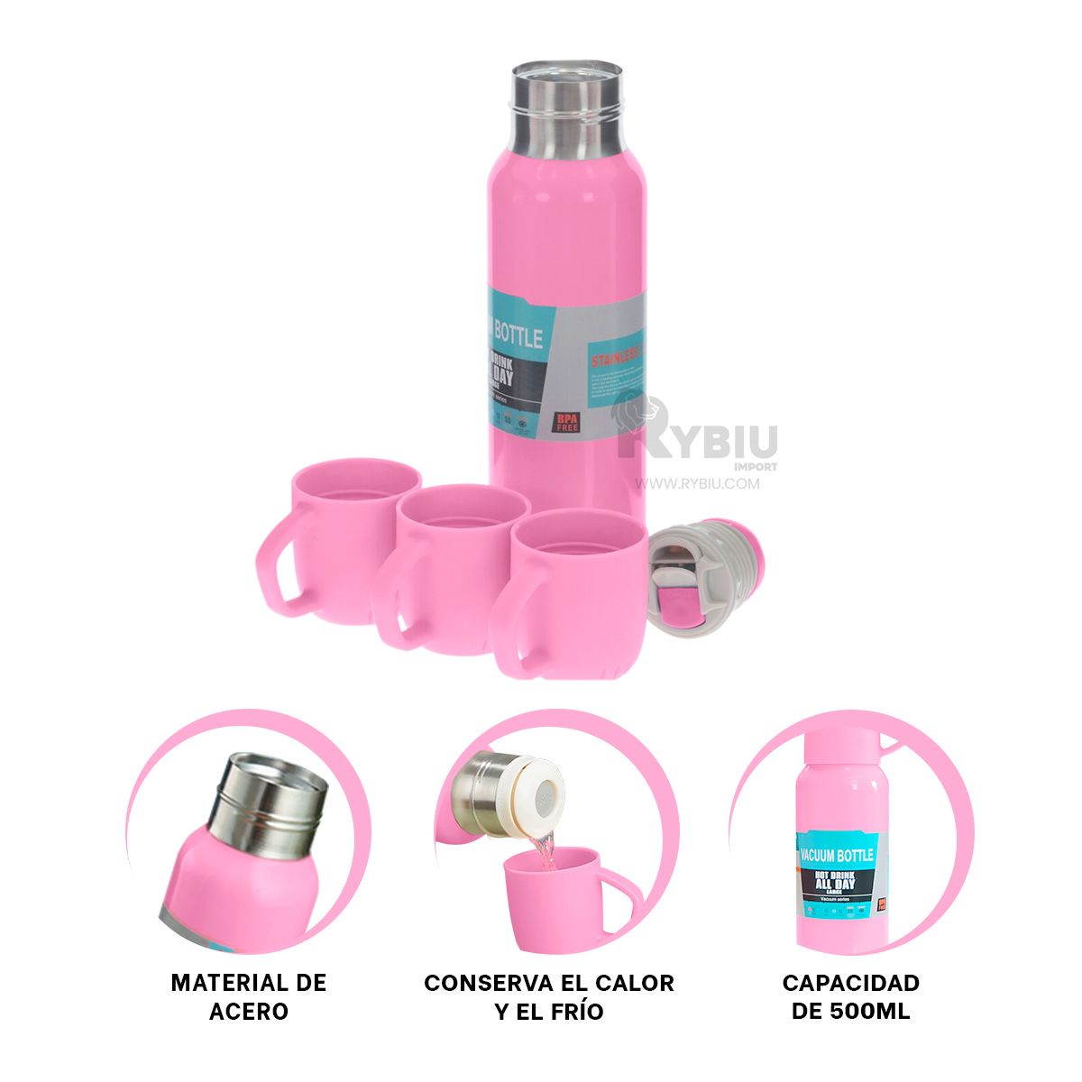 GENERICO - Frasco de Acero Resistente Rosado 500ml Y+Gift Stickers