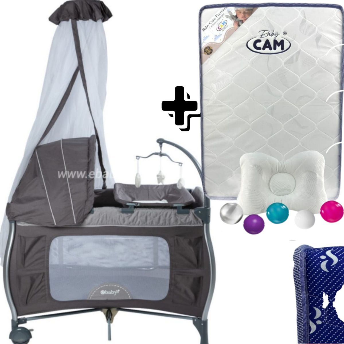 EBABY - CUNA CORRAL NAPY CON MECEDORA Y CAMBIADOR GRIS + COLCHON CAM