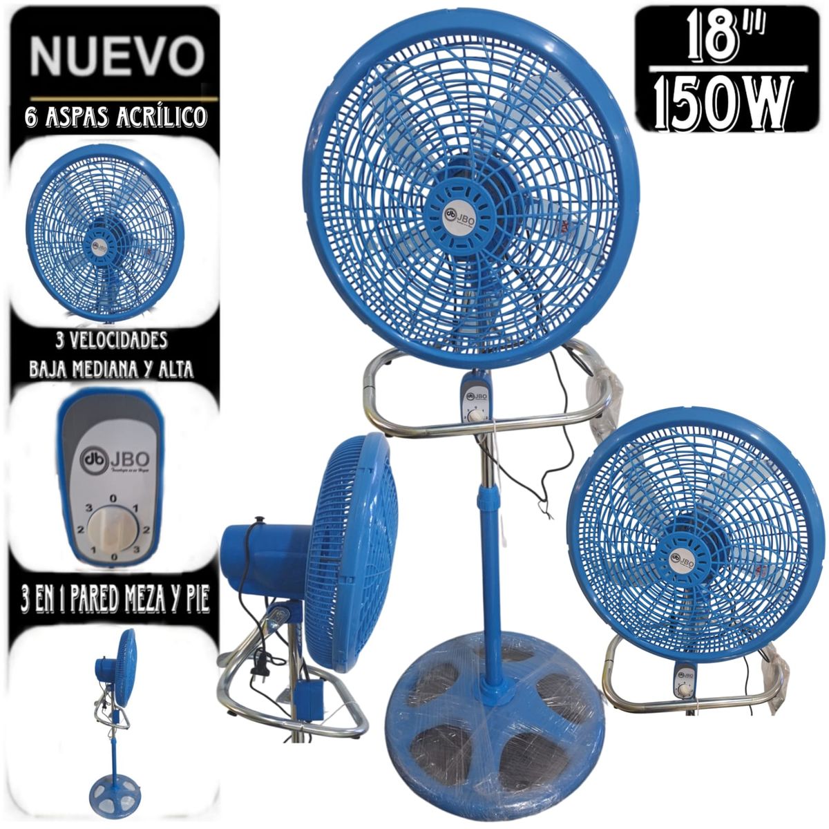 GENERICO - VENTILADOR JBO DE 150W DE 18" PULGADAS 3 EN 1 DE 5 ASPAS CELESTE