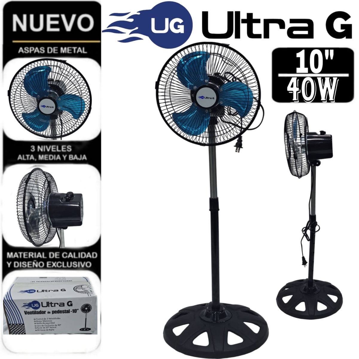 UG ULTRA G - Ventilador Pedestal chiquito de 10 Negro 40W ULTRA G