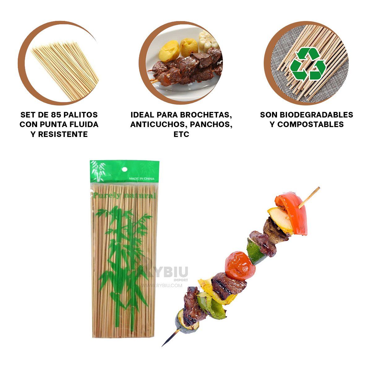 RYBIU IMPORT - Palitos Artesanales de Material Bambu para Brochetas 85u