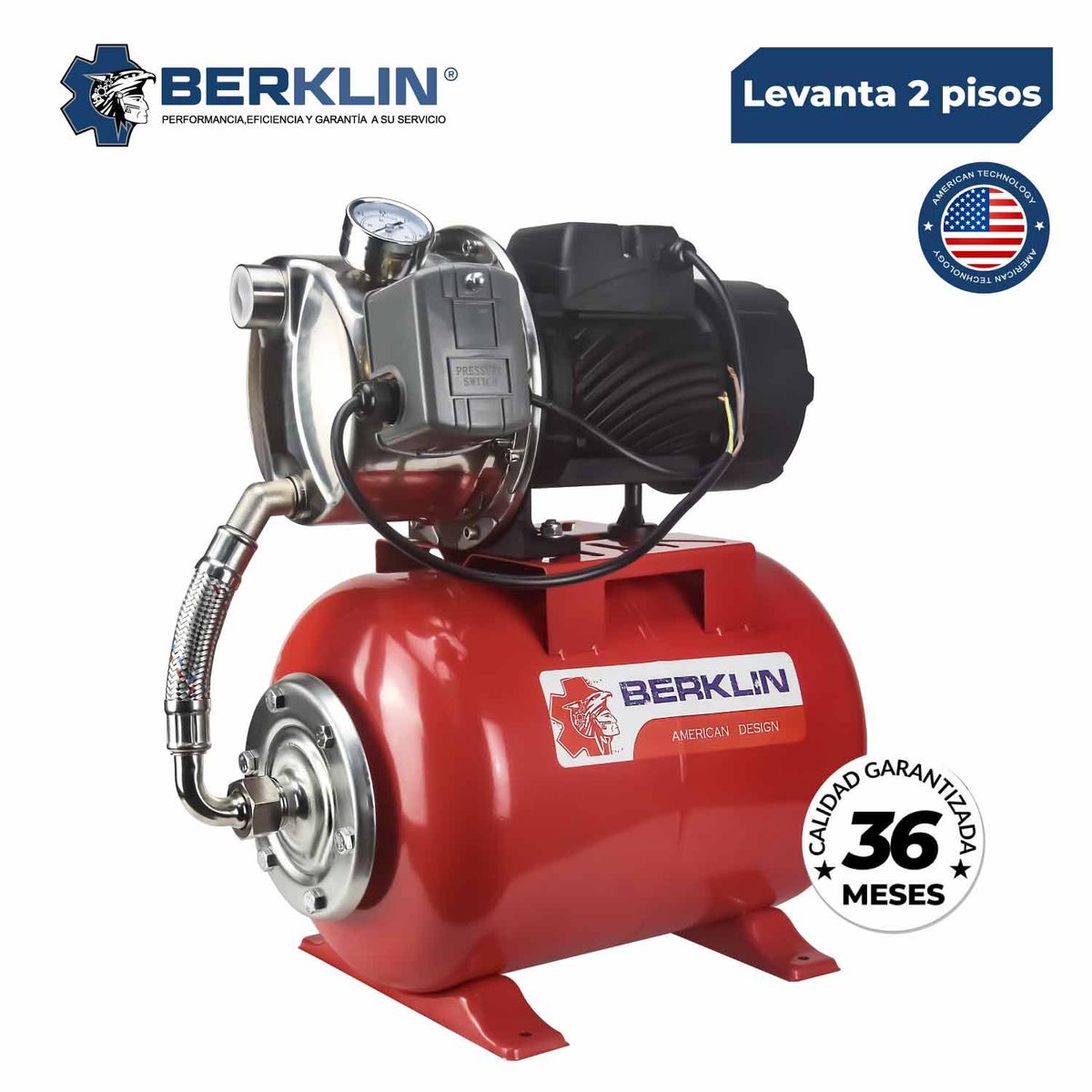 BERKLIN - EQUIPO HIDRONEUMATICO DE 60L CON BOMBA DE ACERO INOXIDABLE DE 1 HP