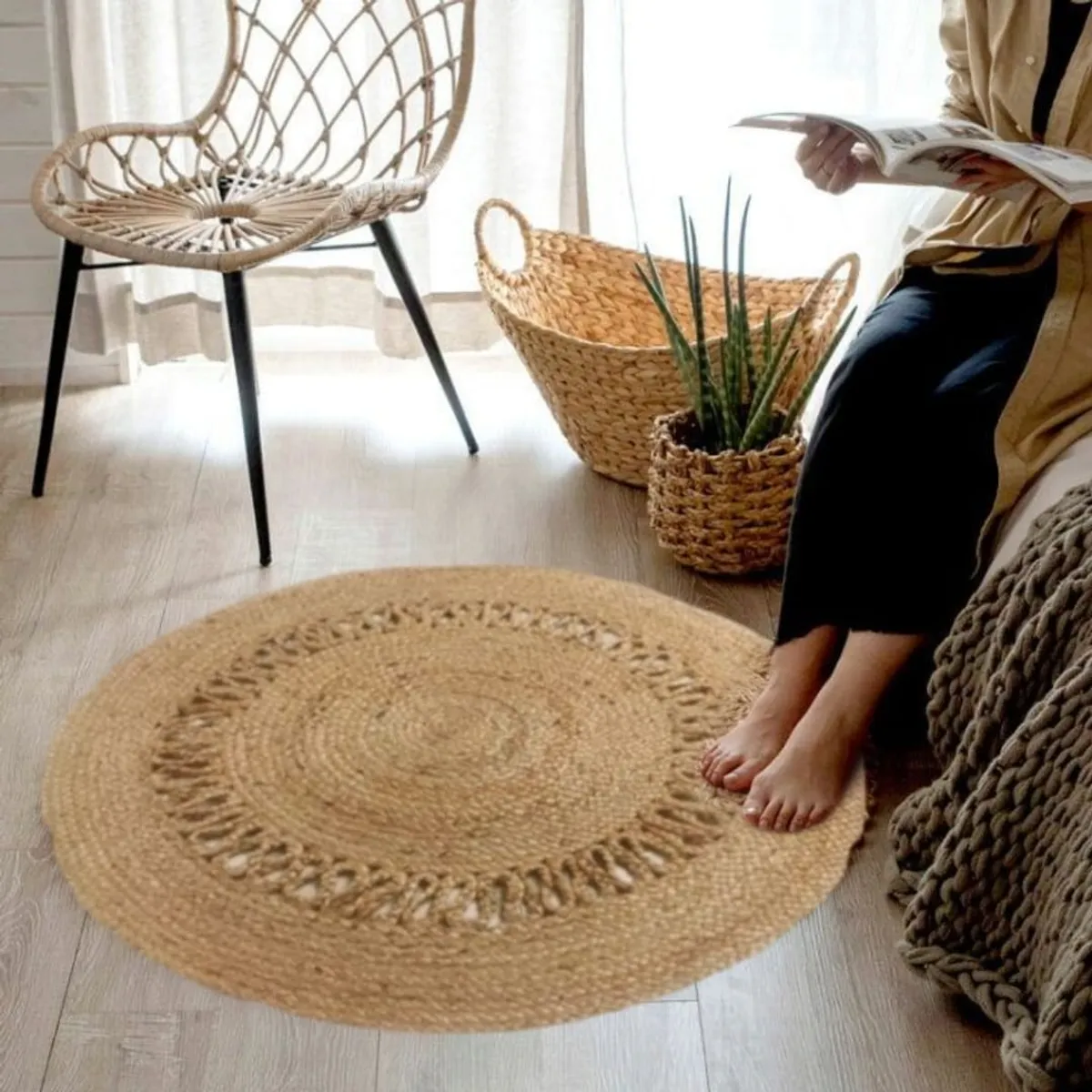 ZALMOHADAS - Alfombra Redonda de Yute Tejida a Mano con Diseño Reversible 90 cm