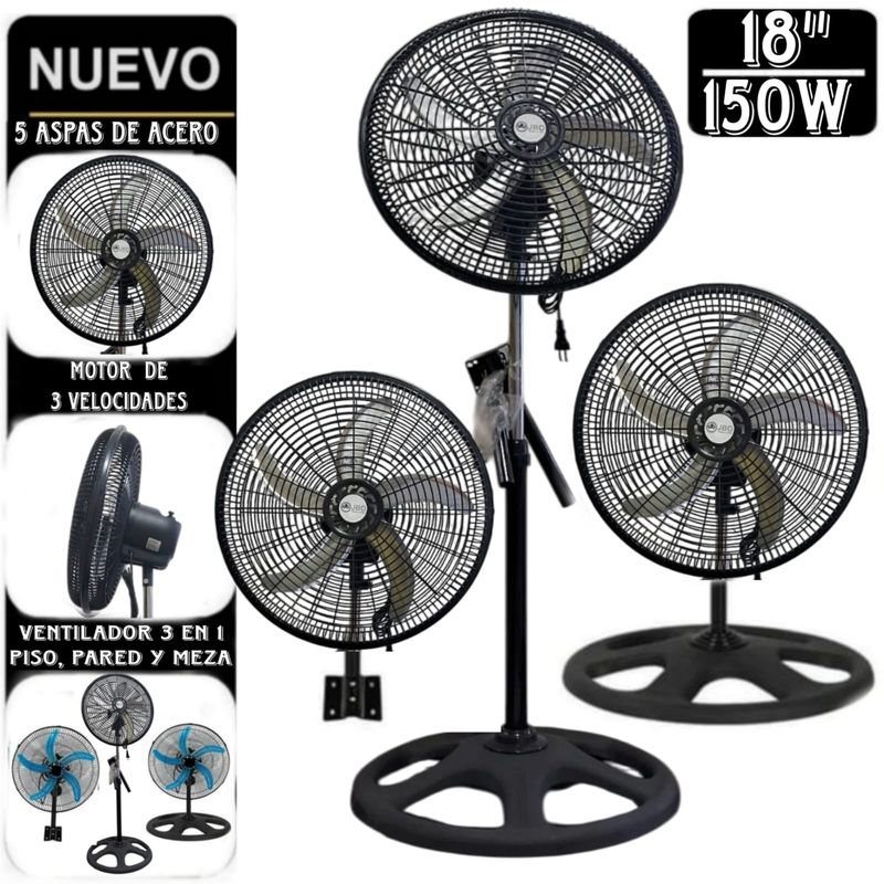 GENERICO - VENTILADOR 3 EN 1 JBO DE PARED, MESA Y PEDESTAL DE 5 ASPAS DE 150W