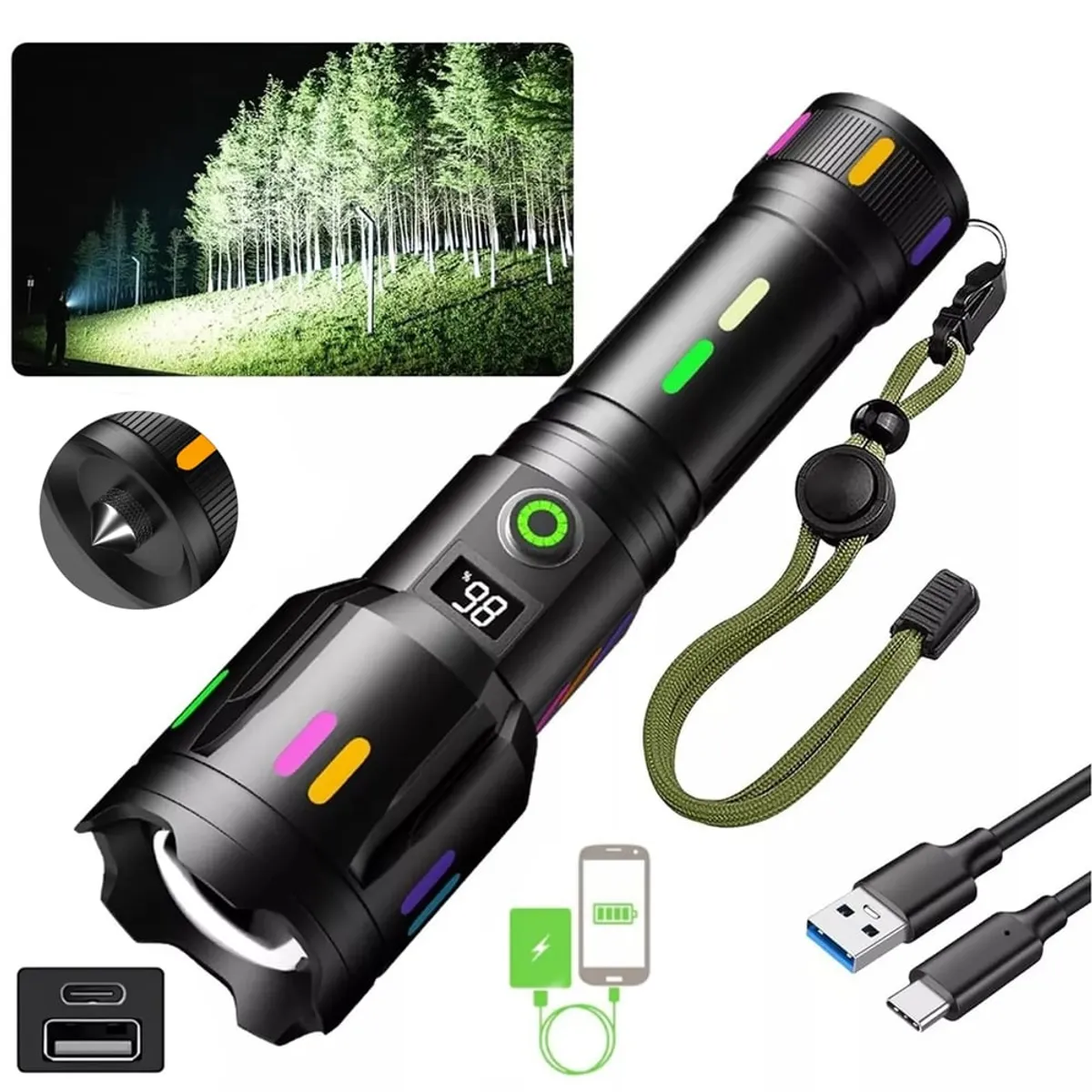 GENERICO - Linterna potente Táctica recargable C Martillo Emergencia zoom 2000m