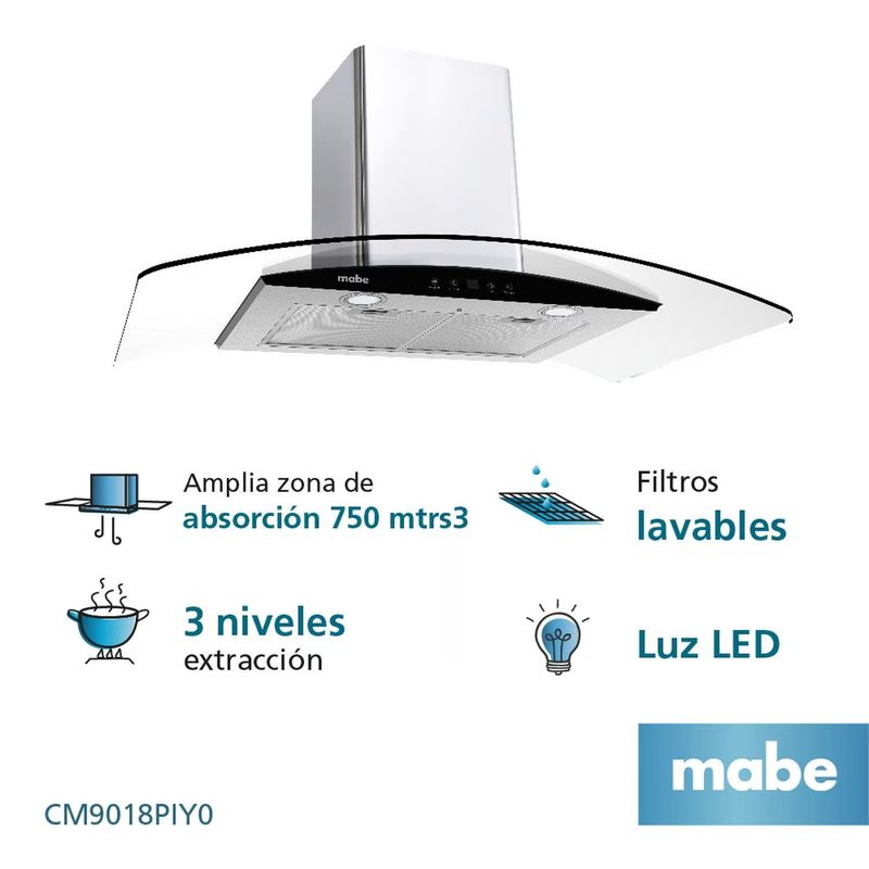 MABE - Campana de Pared 90 cm 3 Velocidades Inox Mabe - CM9018PIY0