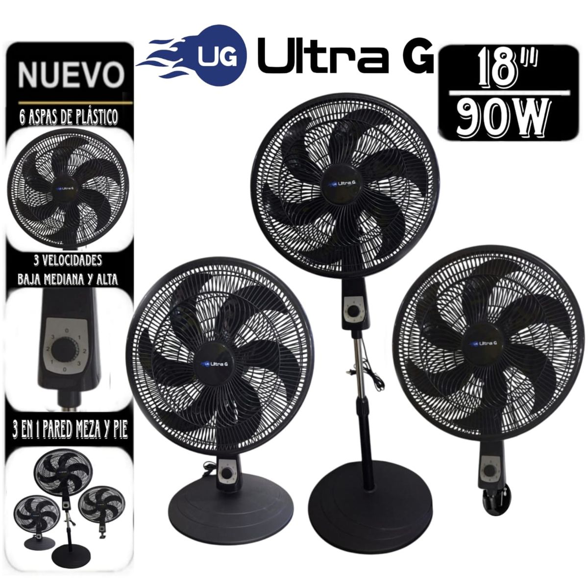UG ULTRA G - Ventilador 3 en 1 Silencioso de 18"pulgadas NEGRO ULTRA G