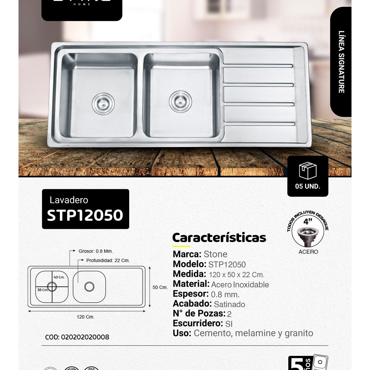 STONE - COMBO DE ACERO STP12050 STONE + LLAVE A LA PARED LAURENT STW-03 STONE