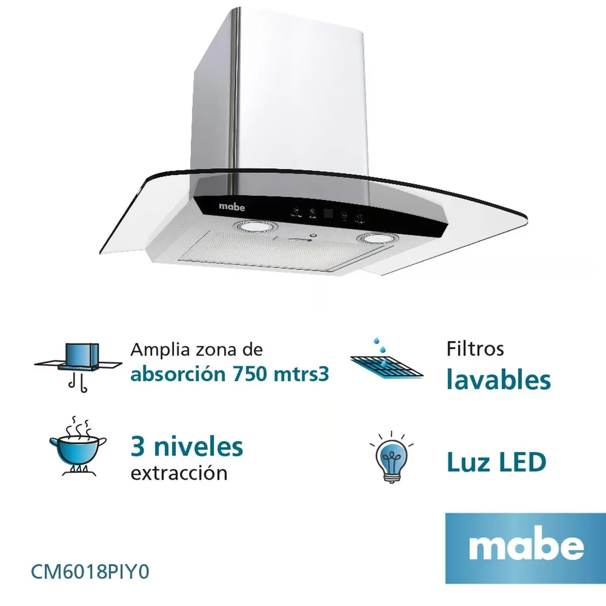 MABE - Campana de Pared 60 cm 3 Velocidades Inox Mabe CM6018PIY0