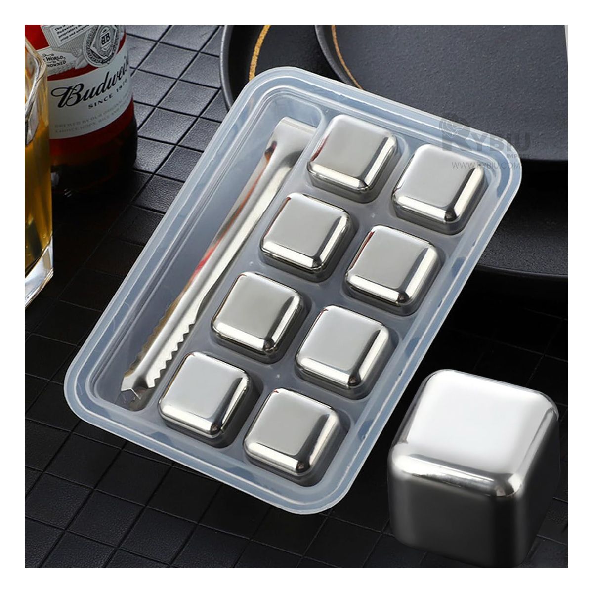 GENERICO - Set de 8 Cubos de Hielo Reutilizable con Pinza Tono Plateado