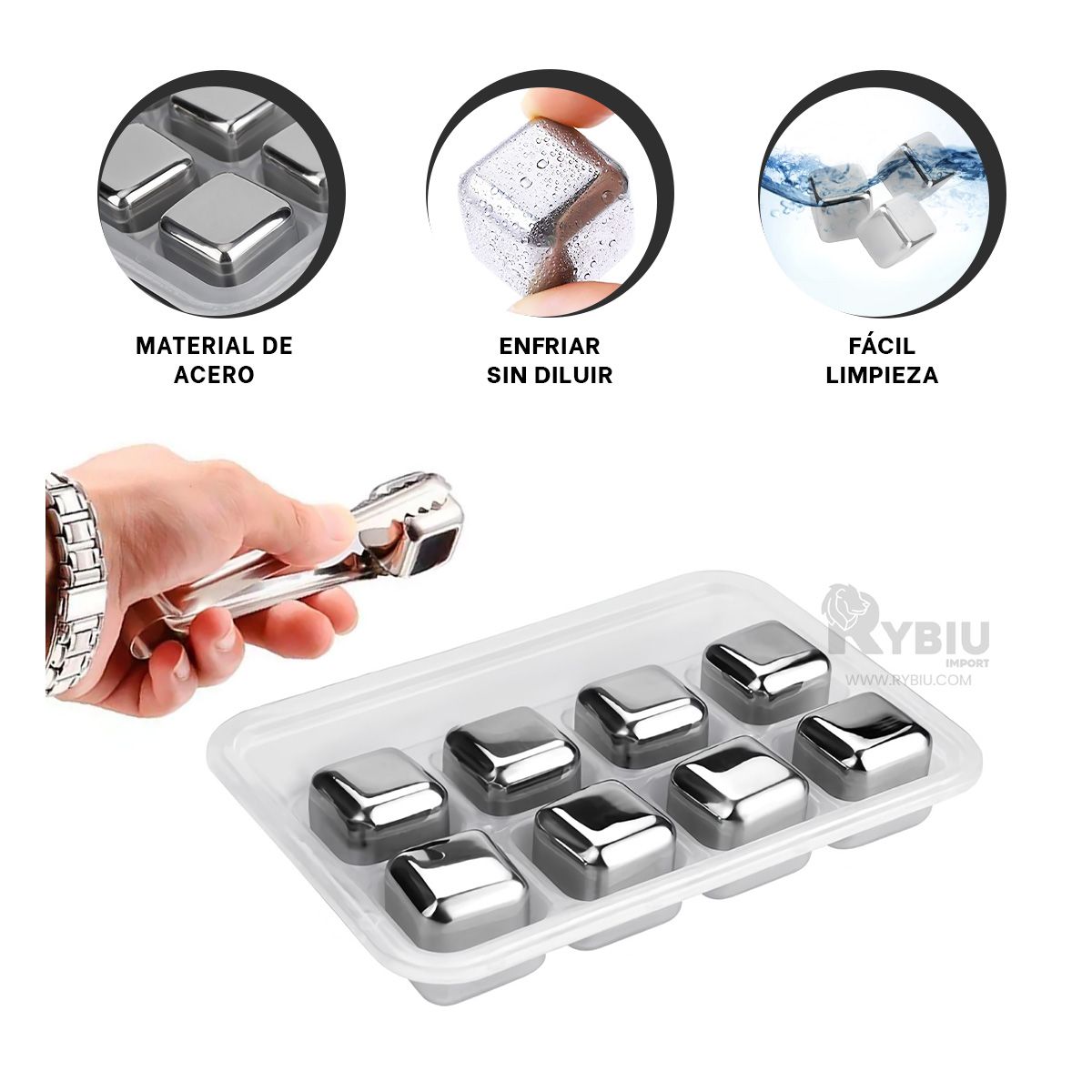 GENERICO - Set de 8 Cubos de Hielo Reutilizable con Pinza Tono Plateado