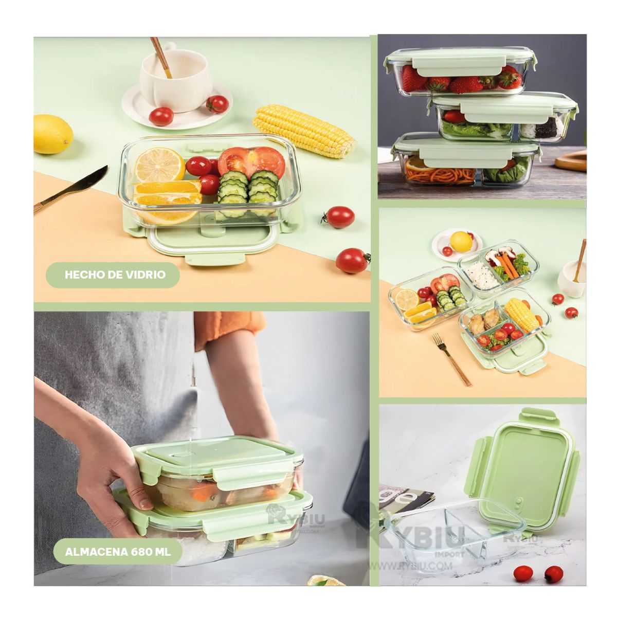 GENERICO - Tupper para Escuelas 1040ml Verde Y+Banderitas Adhesivas