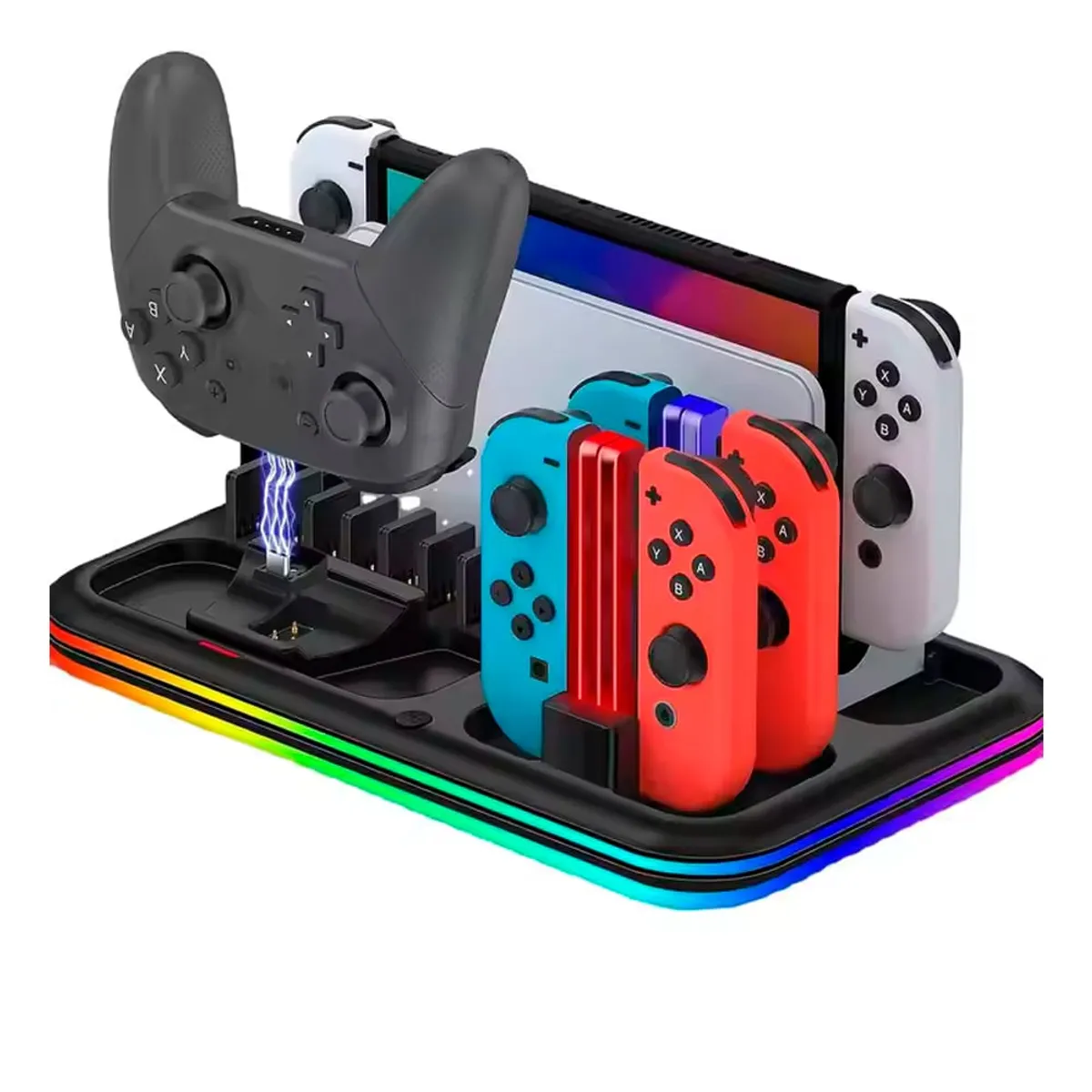 VARIOS - Base 4 en 1 para Nintendo Switch Oled RGB con Cargador de Mando Portaj