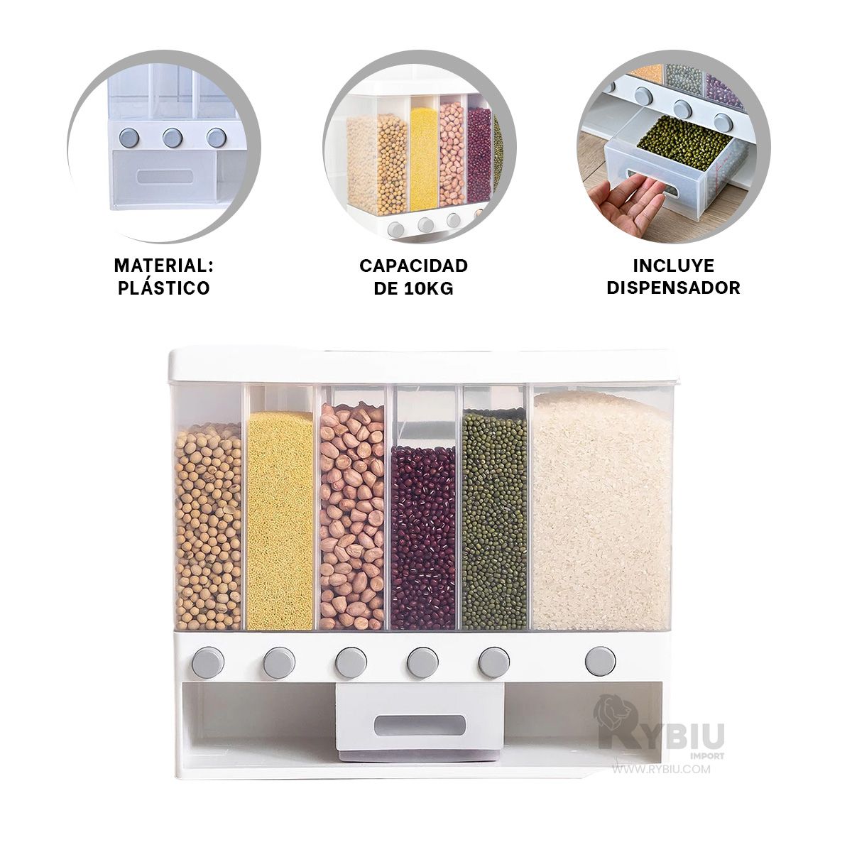 RYBIU IMPORT - Expendedor de Cereal 10kg Blanco Y+Regalo Ligas para Peinar