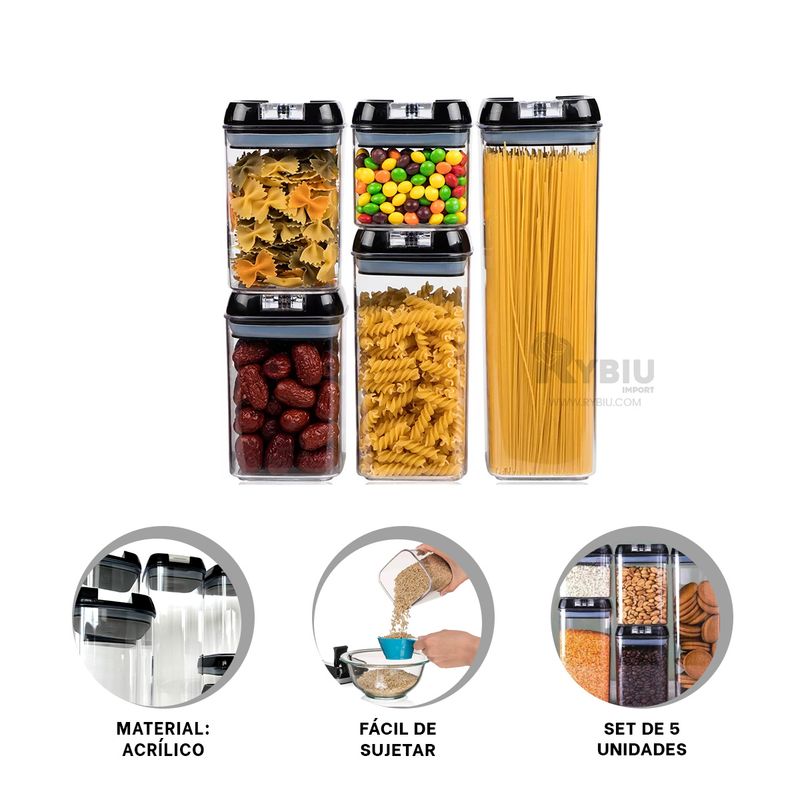 RYBIU IMPORT - Pack de Contenedores en 5 Tapa Negra Y+Post-it Adhesivos