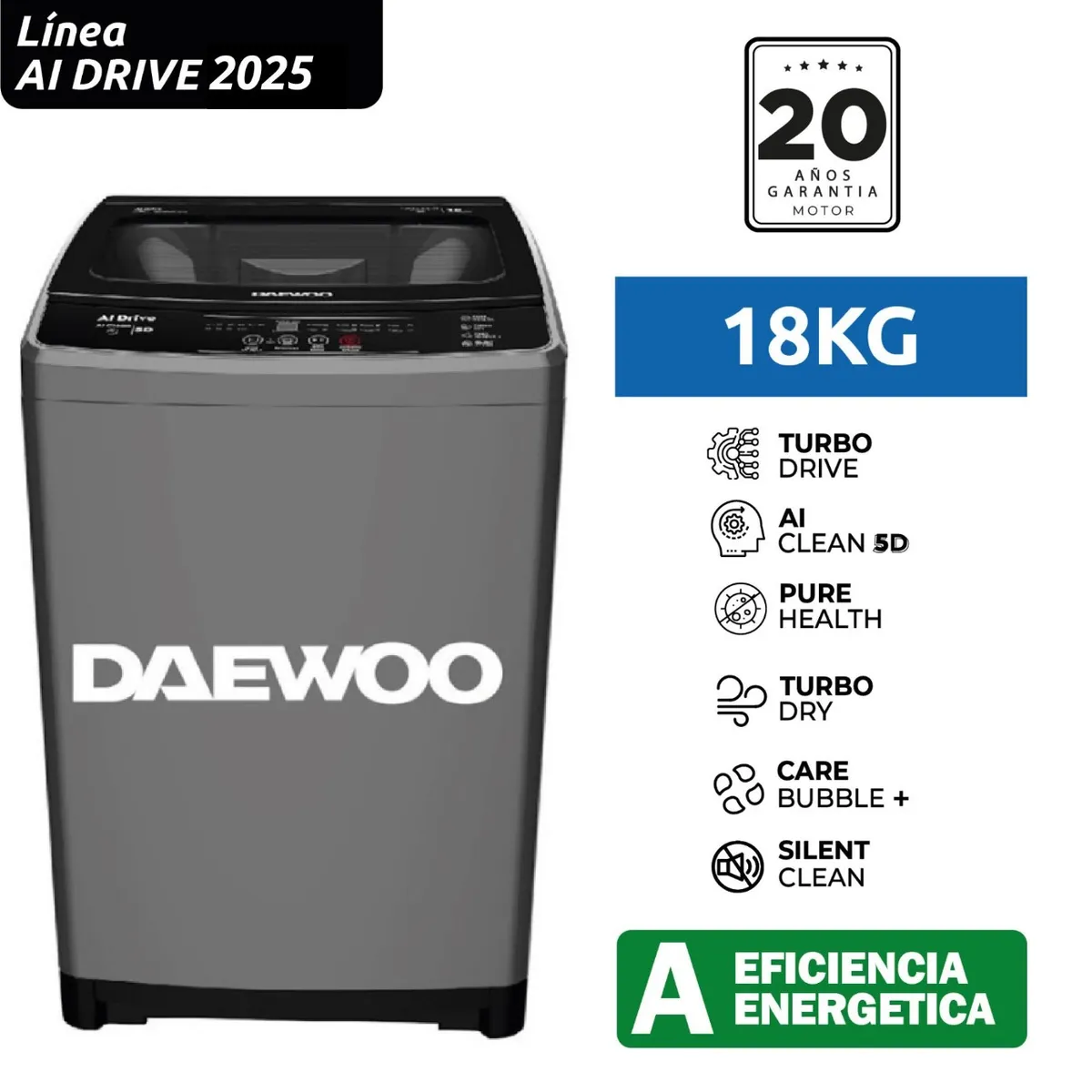 DAEWOO - Lavadora 18KG Daewoo AI Drive Lavado Inteligente