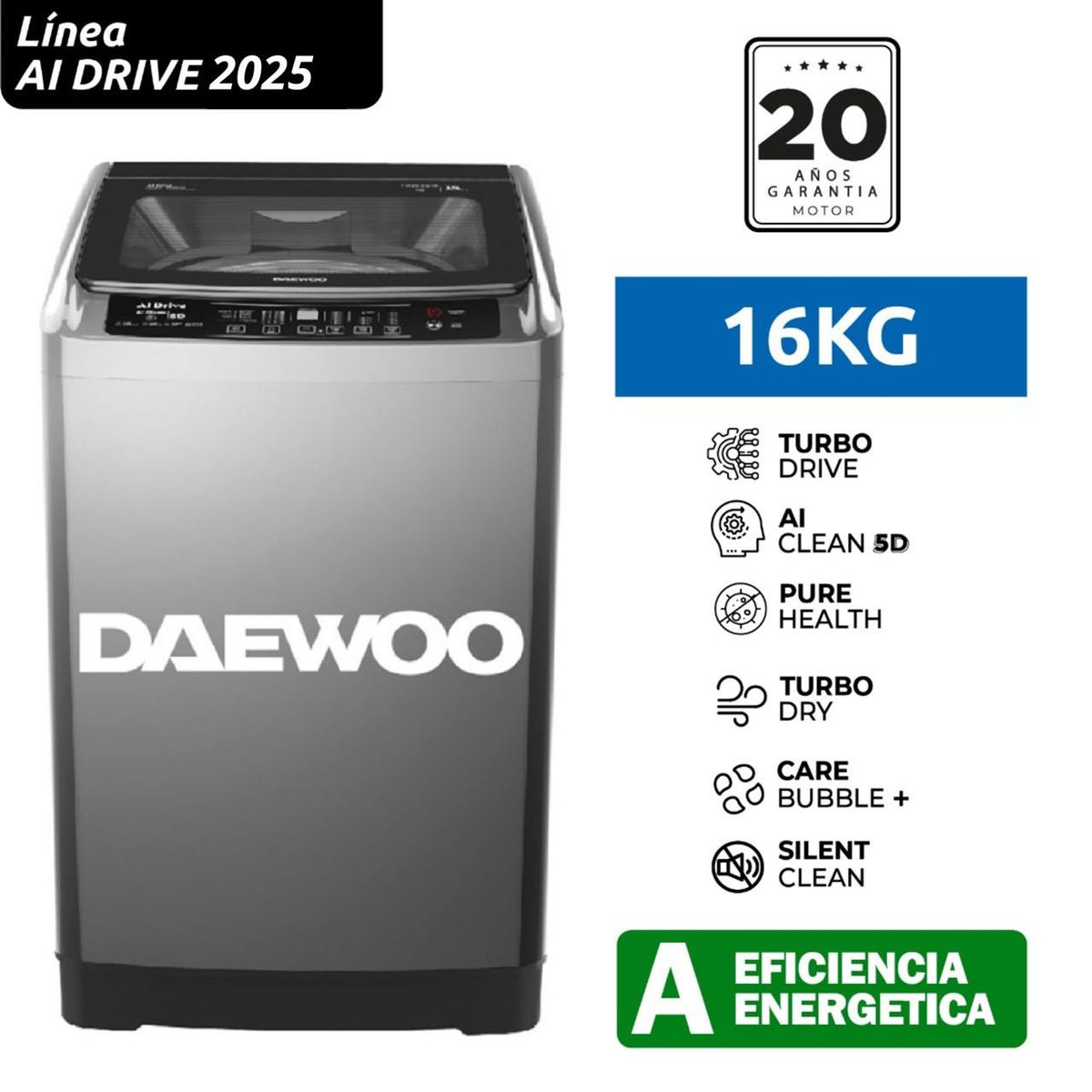 DAEWOO - Lavadora 16KG Daewoo AI Drive Lavado Inteligente