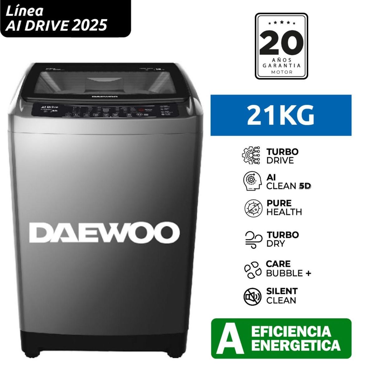 DAEWOO - Lavadora 21KG Daewoo AI Drive Lavado Inteligente