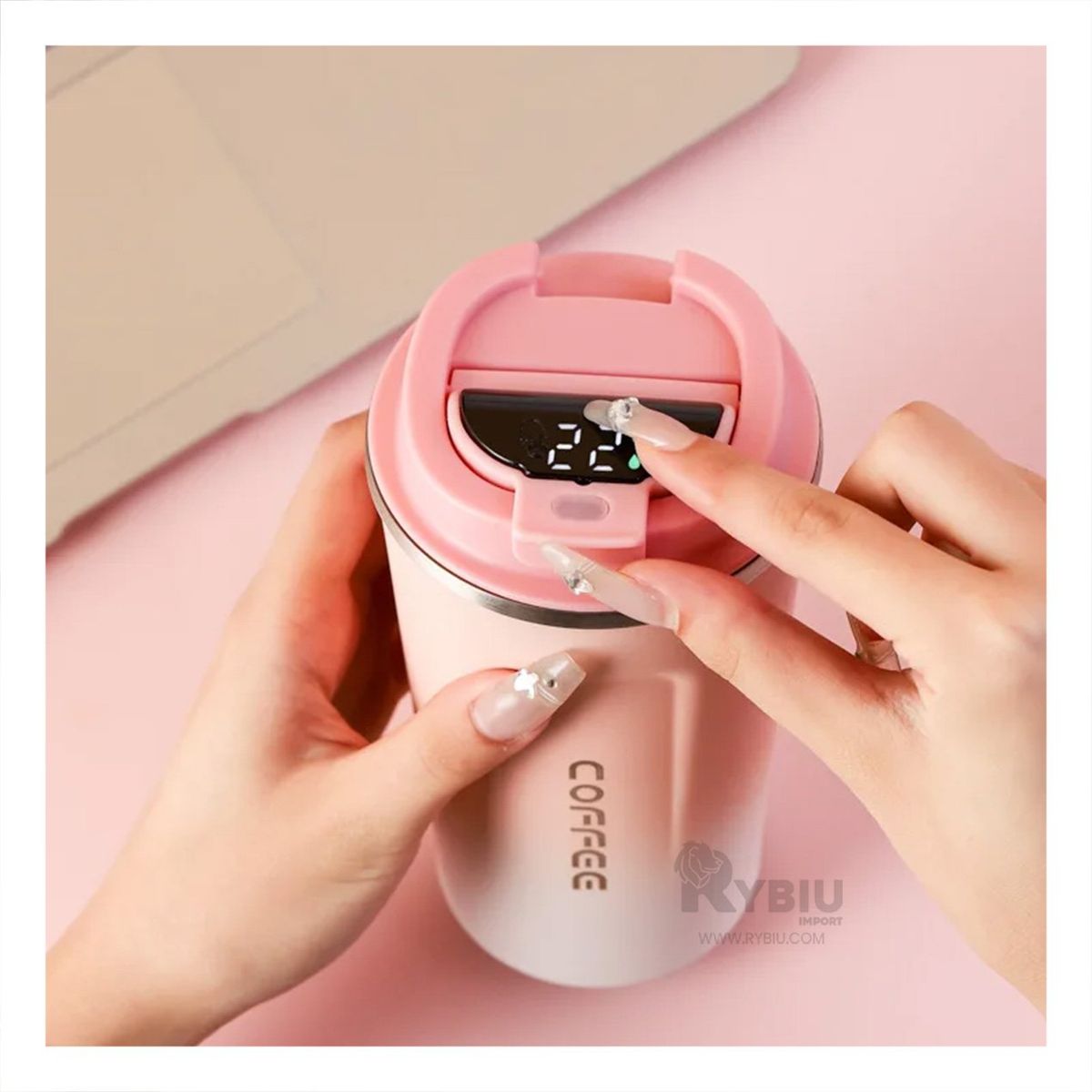 RYBIU IMPORT - Vaso Termo Inteligente con Pantalla 510ml Rosado con Blanco