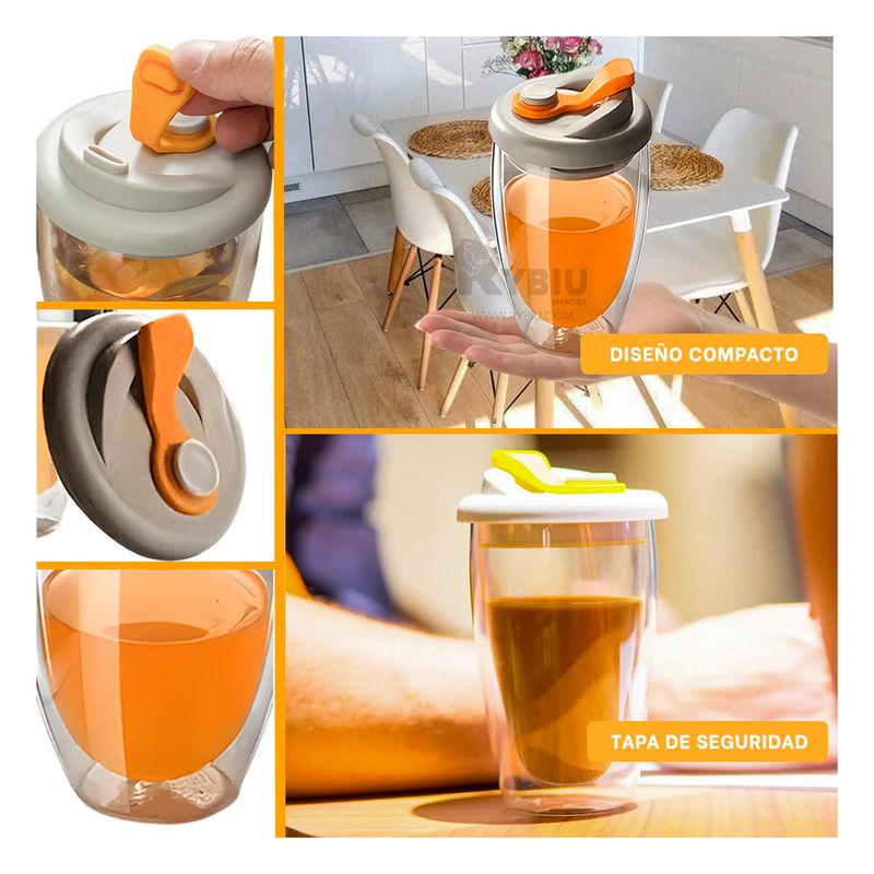 GENERICO - Vaso de Vidrio Doble para Bebidas Tapa Naranja 450ml