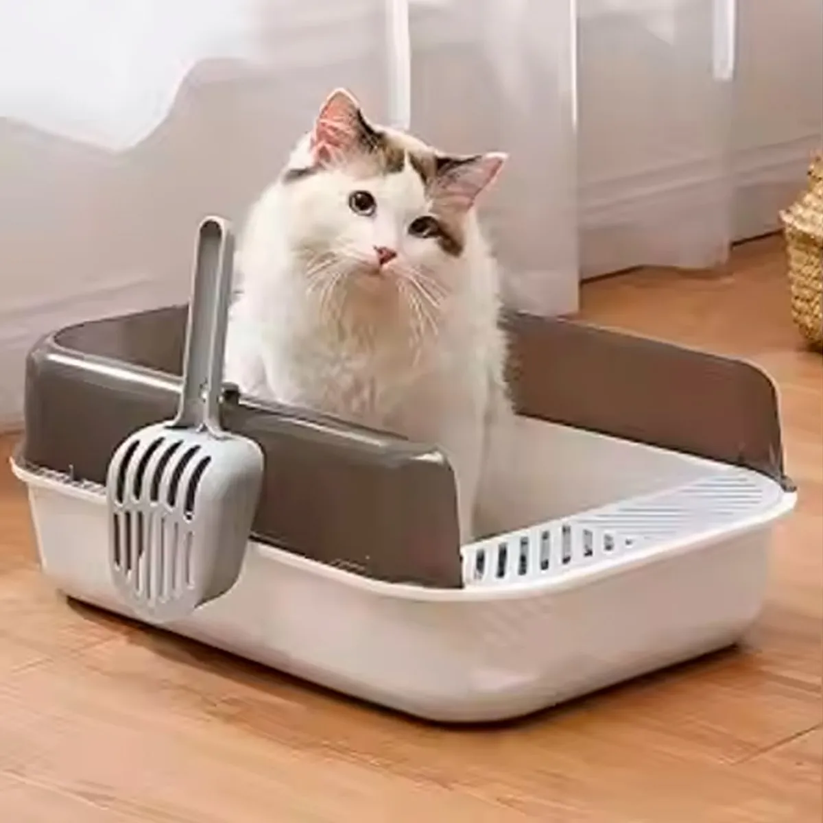 VARIOS - Arenero para Gatos Base Blanco Negro Pala Open 50x34x18cm