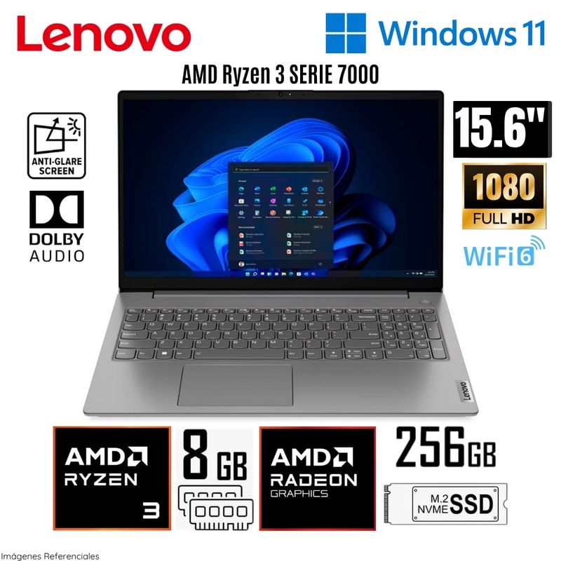LENOVO - Laptop Lenovo V15 G4 AMN AMD Ryzen 3-7320U 8GB RAM DDR5 256GB SSD 15.6 FHD - 82YU00X4LM