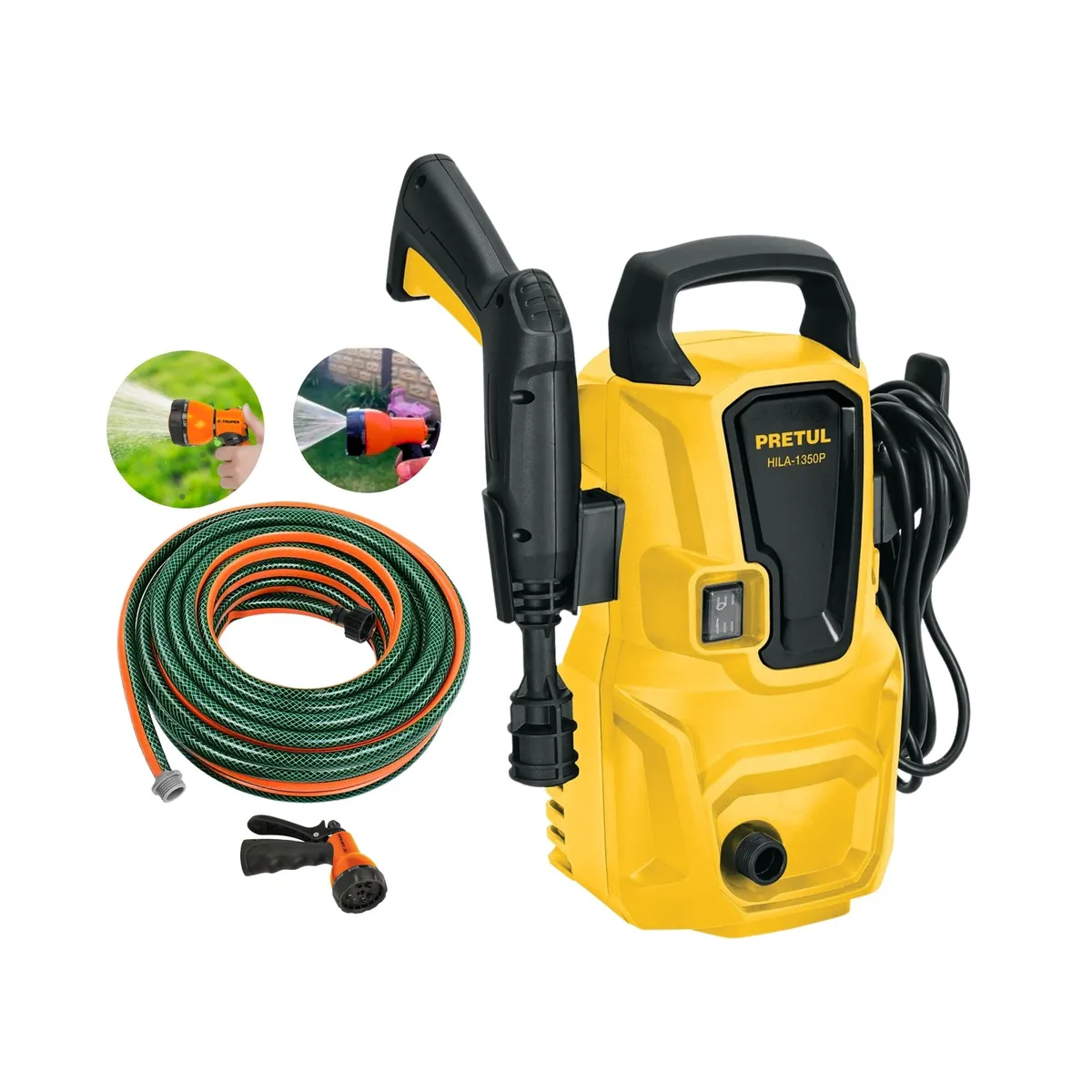 PRETUL - Combo Hidrolavadora 1350 PSI, manguera de 10m pistola de riego Truper Pretul