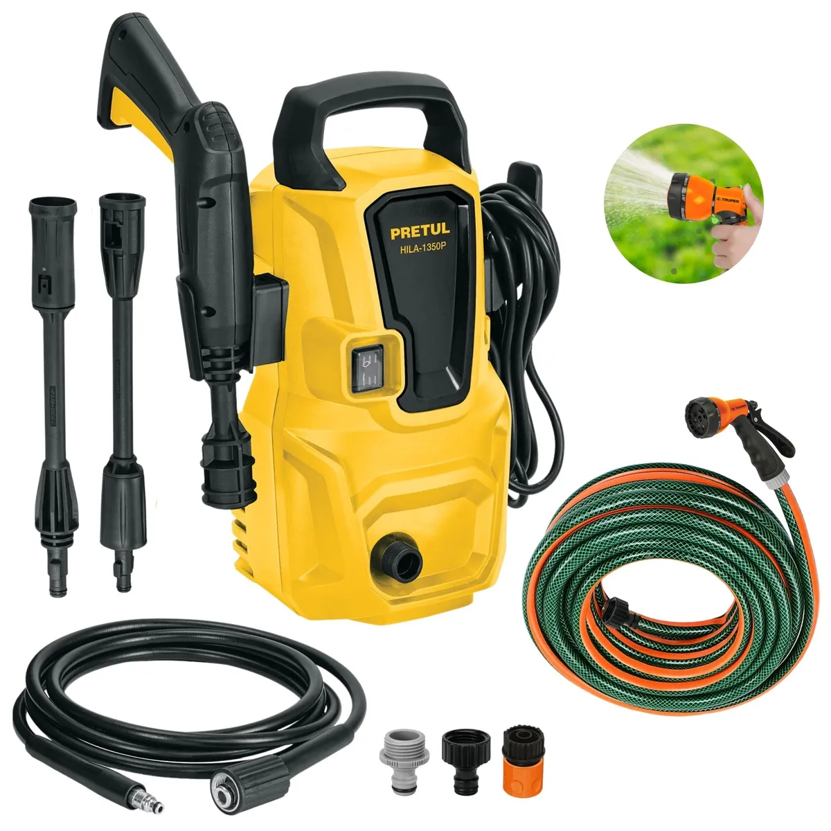PRETUL - Combo Hidrolavadora 1350 PSI, manguera de 10m pistola de riego Truper Pretul