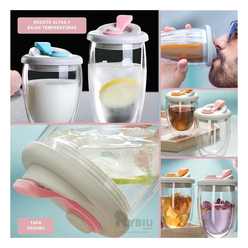 GENERICO - Vaso de Vidrio Doble para Bebidas Tapa Rosada 450ml