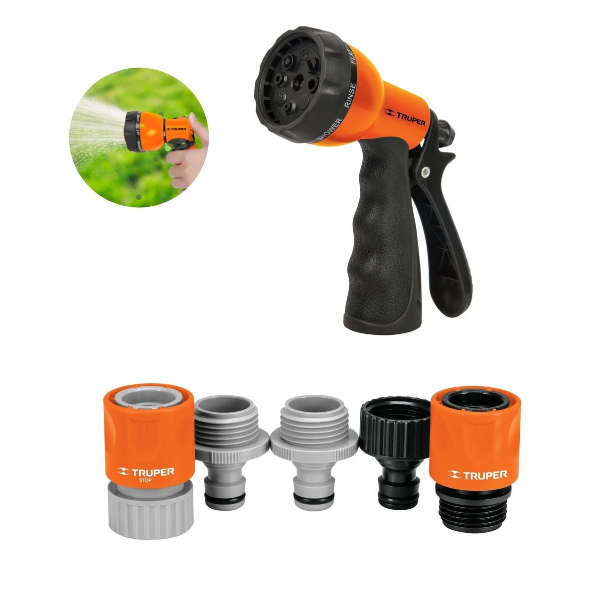 TRUPER - kit pistola de riego 8 funciones 5 conectores rapidos clik Truper