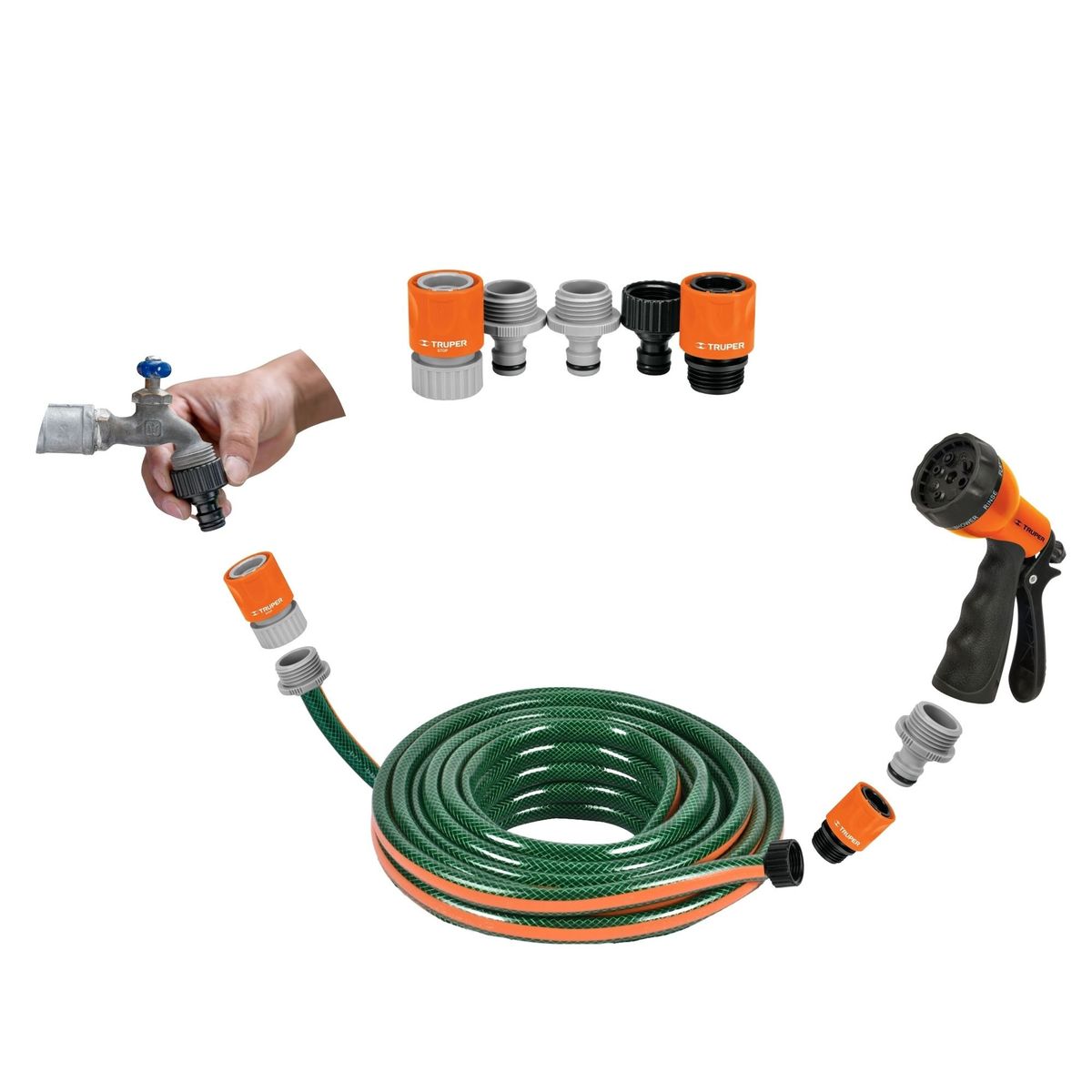 TRUPER - kit pistola de riego 8 funciones 5 conectores rapidos clik Truper