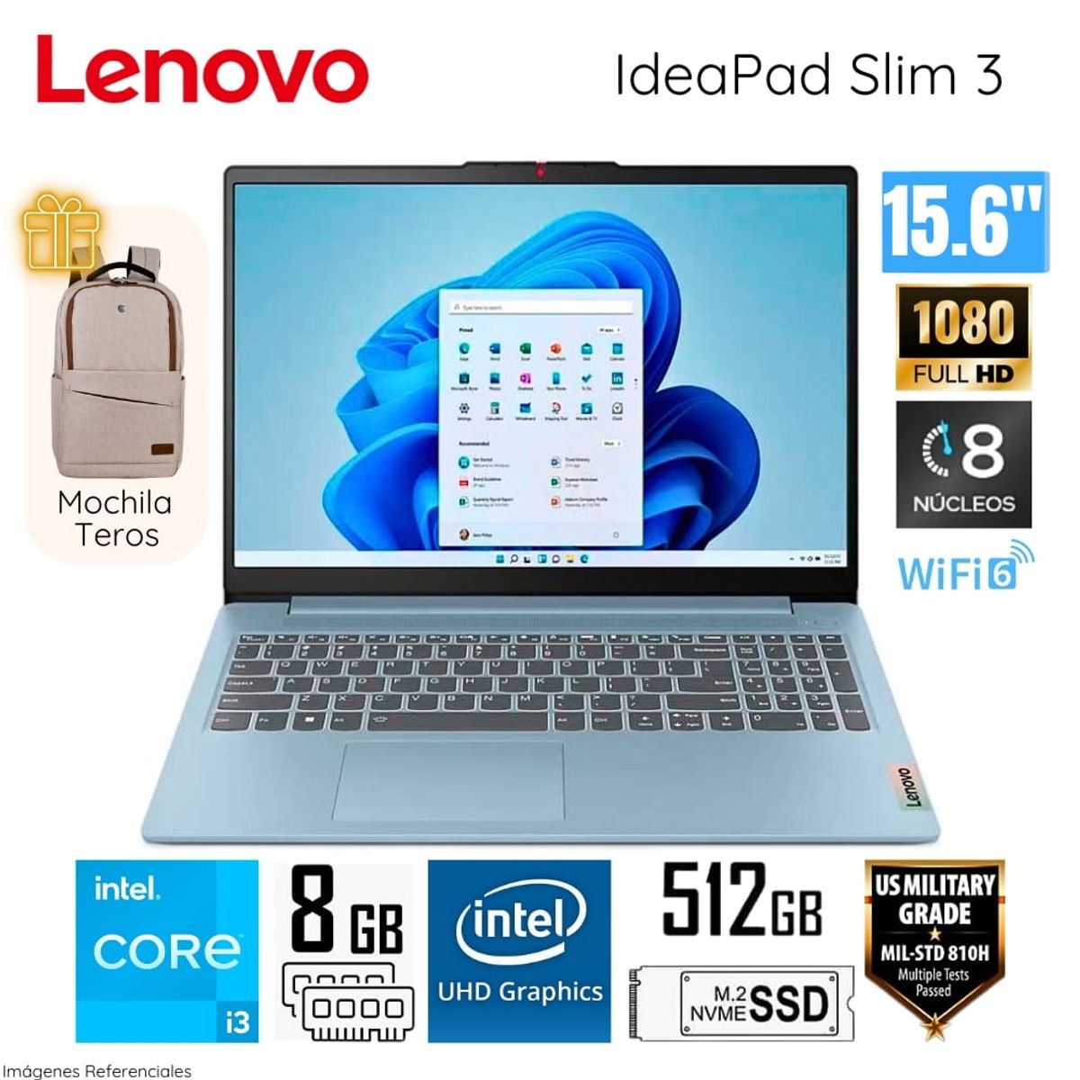 LENOVO - Laptop Lenovo IdeaPad Slim 3 15IAN8 Intel Core i3-N305 8GB Ram 512GB SSD 15.6 FHD+Mochila 82XB003MLM