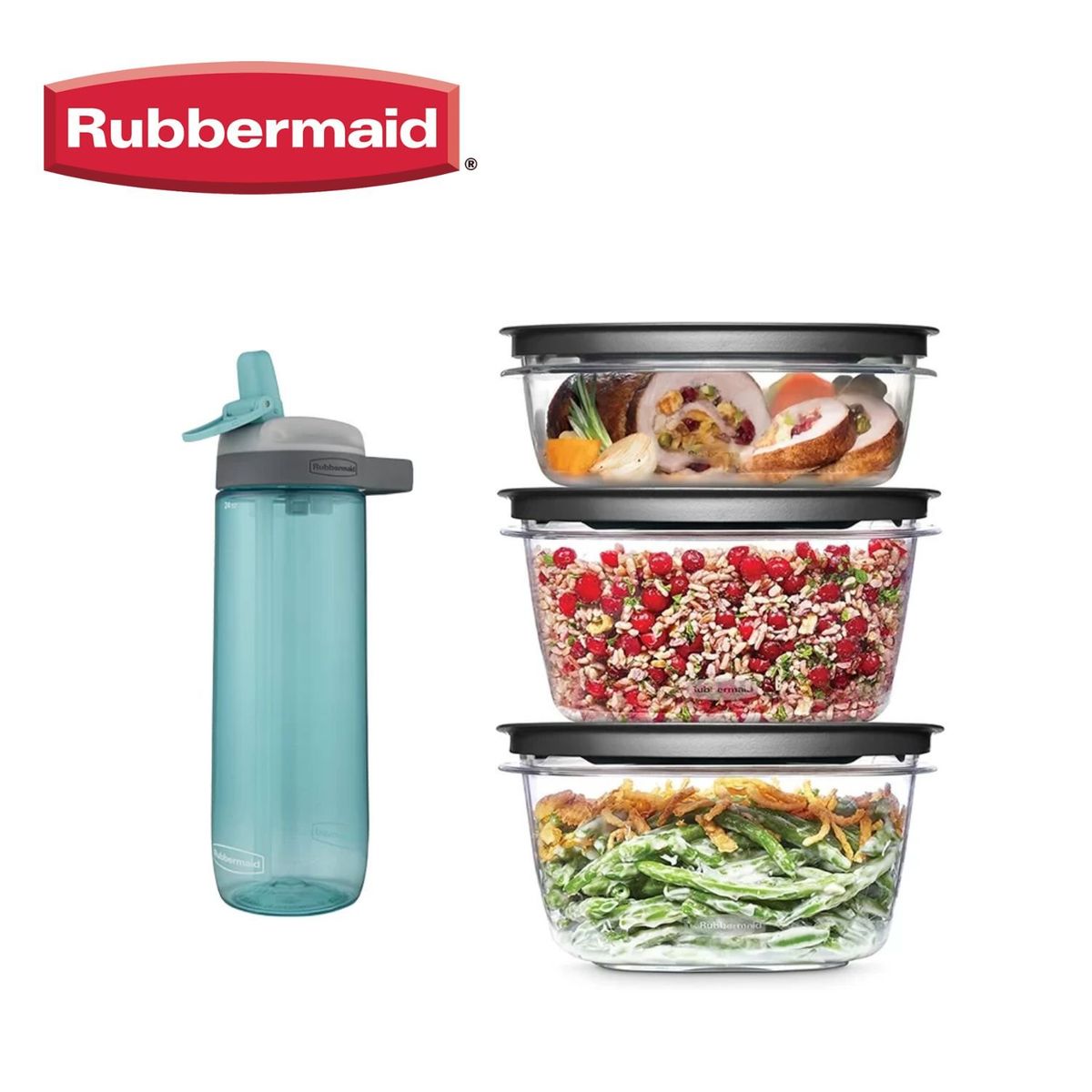 RUBBERMAID - Set de 3 Herméticos Premier y Botella Rubbermaid Turquesa 710ml