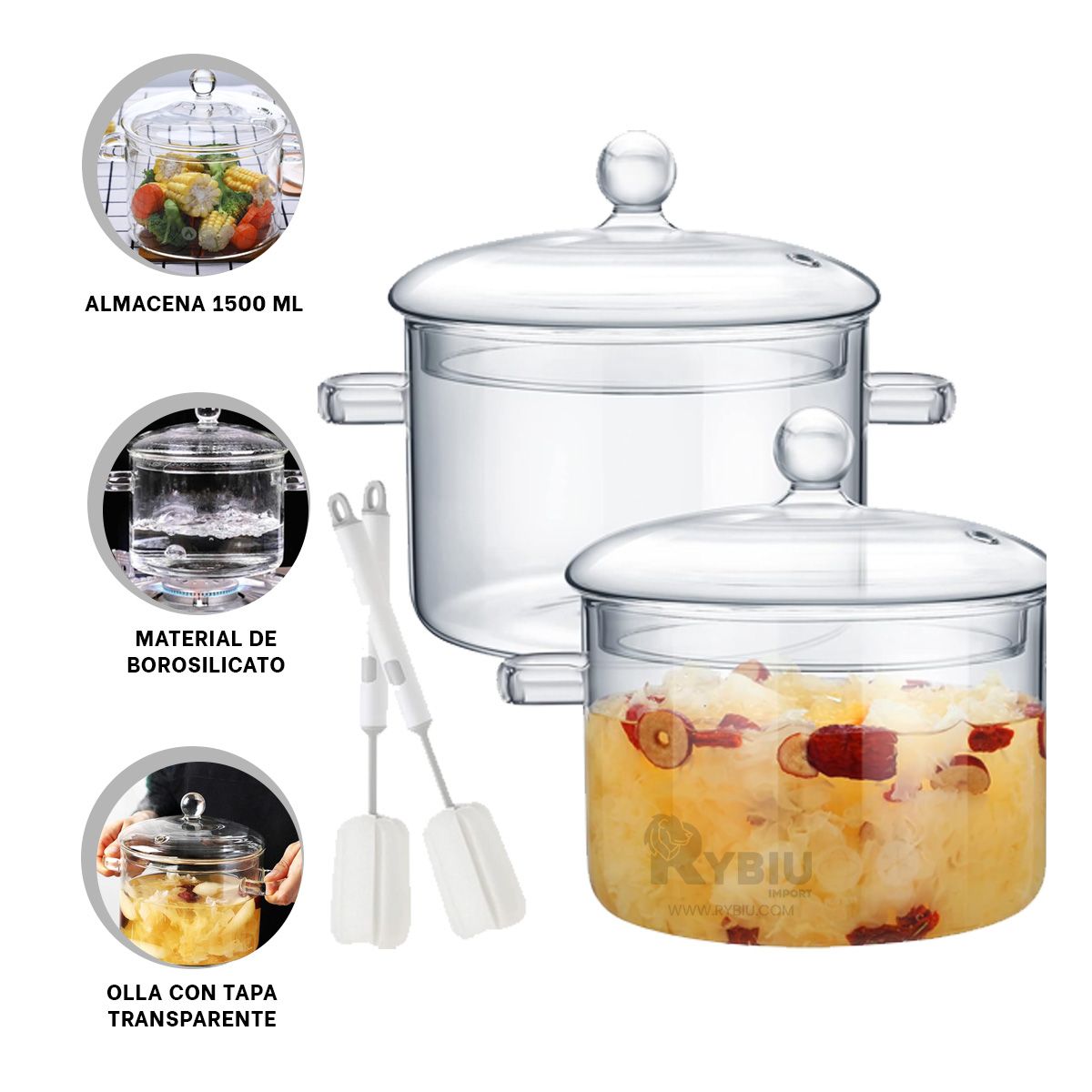 RYBIU IMPORT - Cacerola de Vidrio 1500ML Transparente Y+Regalo Stickers