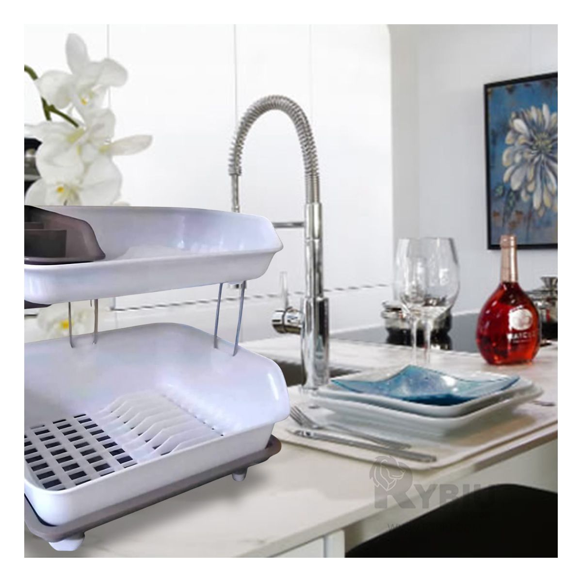 RYBIU IMPORT - Secador de Doble Nivel de Platos Marron Y+Gift MiniAgenda