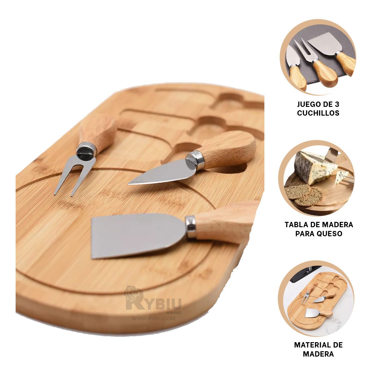 RYBIU IMPORT - Juego Gourmet de Corte y Tabla de Madera Y+Papel de Regalo