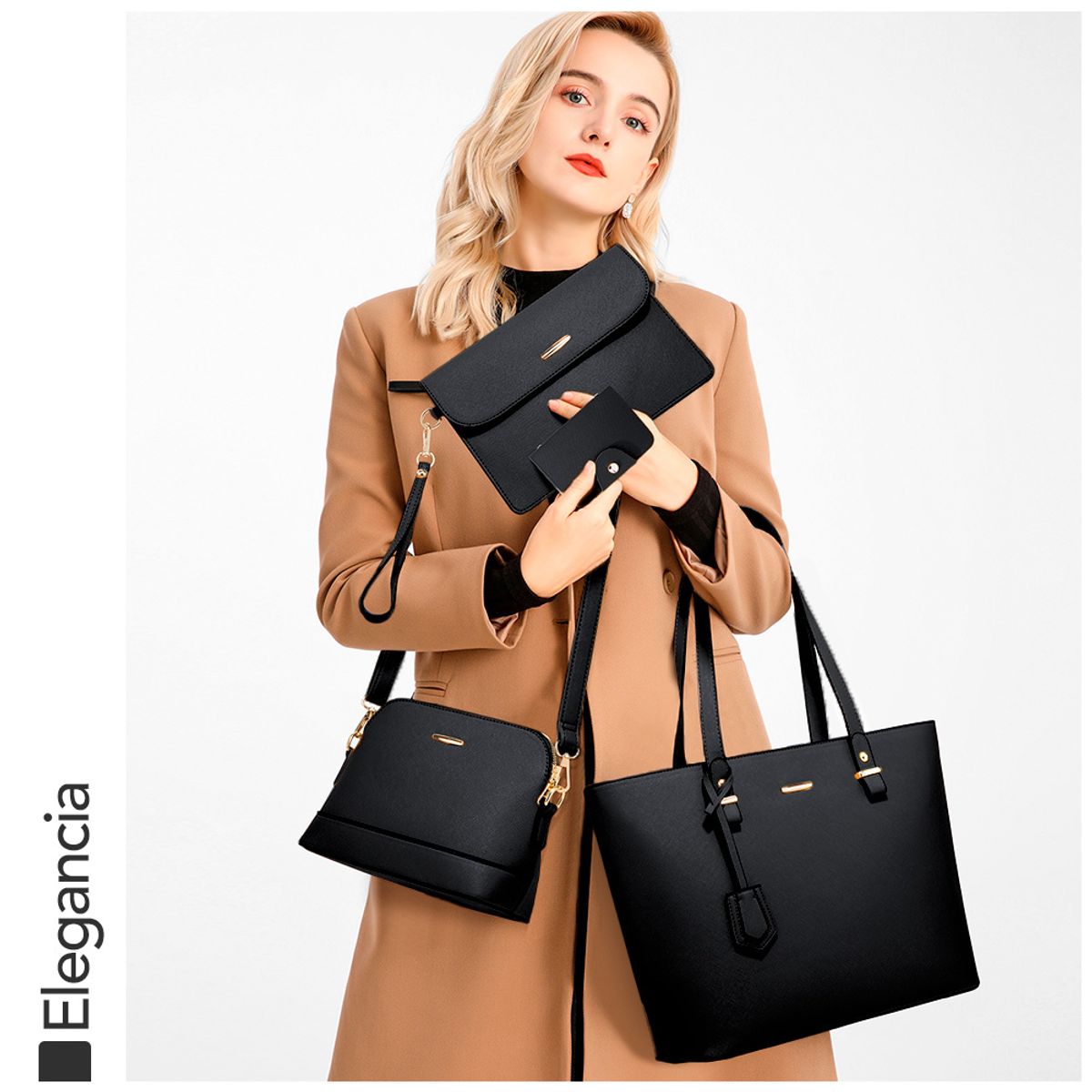 KELLER - Juego de Carteras Bolsos 4 Piezas Elegante Negro CA4