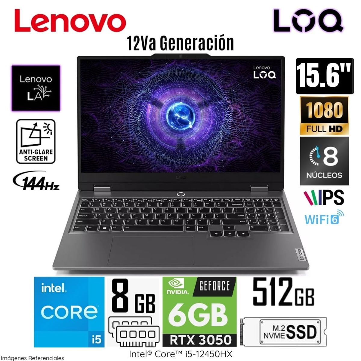 LENOVO - Laptop Lenovo LOQ 15IAX9 Intel Core i5-12450HX 8GB RAM 512GB SSD 15.6 " FHD RTX 3050-6GB 83GS006WLM