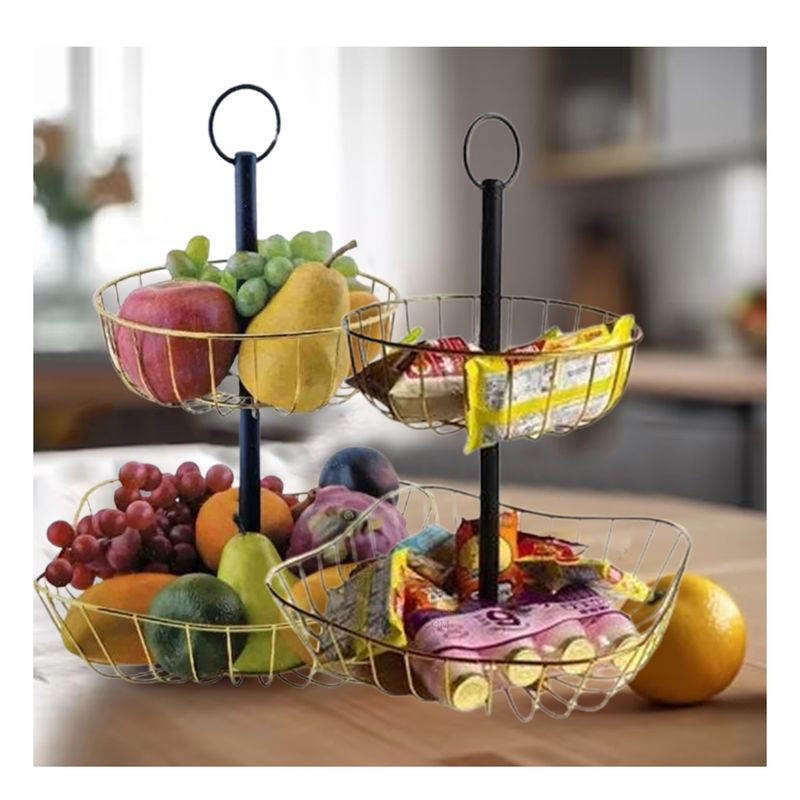 GENERICO - Frutero 2 Niveles Circular y Cuadrado en Color Dorado