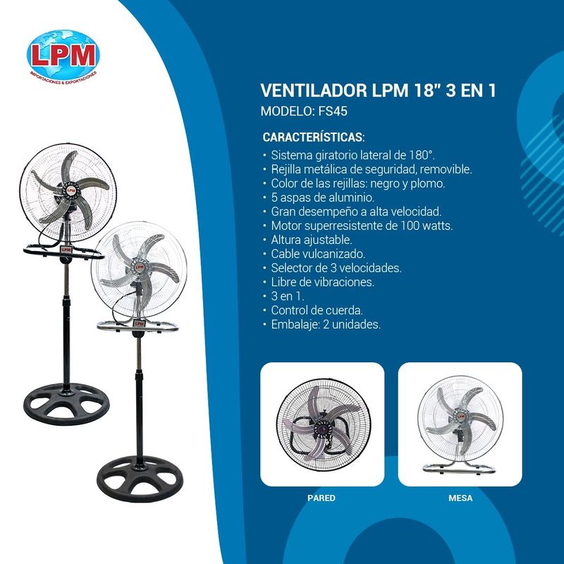 LPM - Ventilador Lateral 18" LPM 100W Caja x 2 uni FS-45 (3 in 1) - SILVER