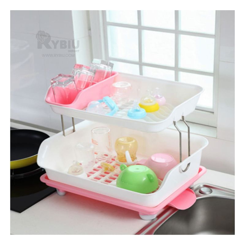 RYBIU IMPORT - Escurridor de Platos de 2 Niveles Rosado Y+Papel de Regalo