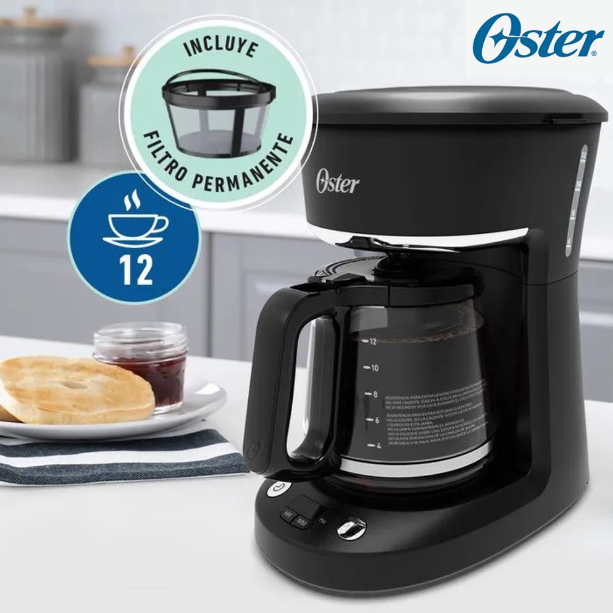 OSTER - Cafetera Programable Oster 12 Tazas con Auto Apagado BVSTDCP12B – 900W