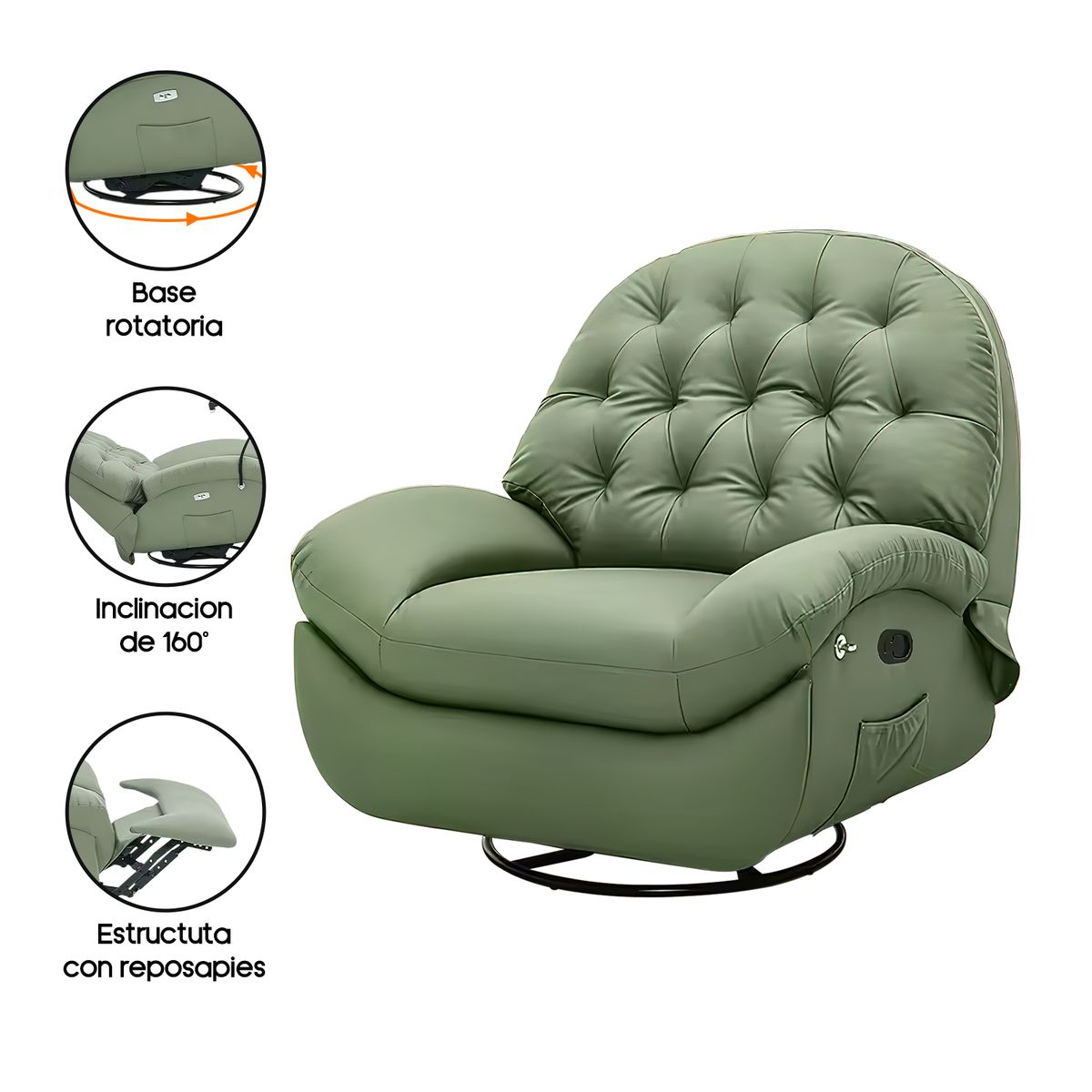 INIUS - Sillón POSH Reclinable Cuerpo Sintético Verde Arena